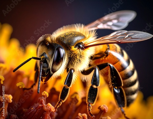 A honeybee in macro detail, with visible hair and pollen granules.