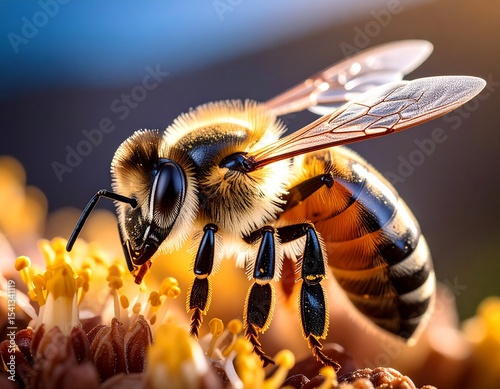 A honeybee in macro detail, with visible hair and pollen granules.