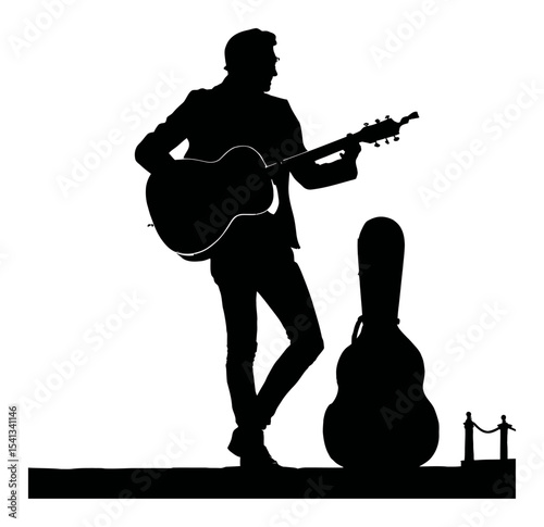Silhouette of Musician Playing Guitar with Acoustic Instrument and Case