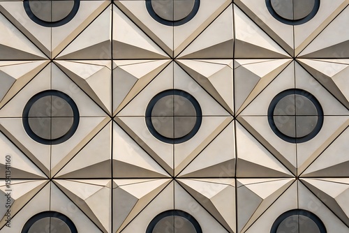 Abstract geometric wall paneling with circular windows