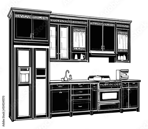 Abstract Drawing of Elegant Kitchen Setup with Appliances and Storage