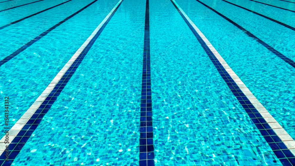 Obraz premium Bright, clear swimming pool with marked lanes under sunlight showcasing vibrant blue water