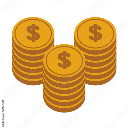 Isolated Illustration cartoon three rows of stacks of dollar coins for economy financial icon