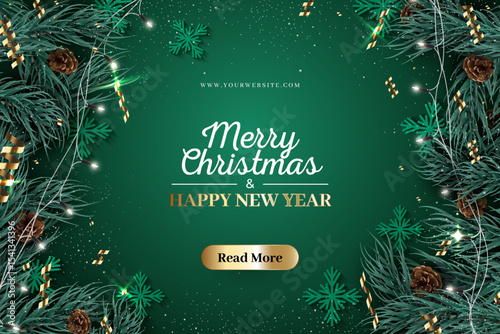 Elegant green christmas and new year background with pine branches