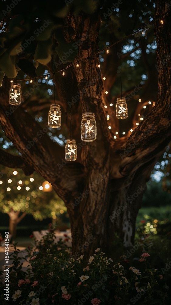 Obraz premium Illuminated mason jars hanging from a tree with string lights at an outdoor evening celebration