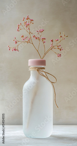 White frosted glass water bottle on a white flat background, pastel pink lid and yarn handle, showcasing soft edges and blurred details.