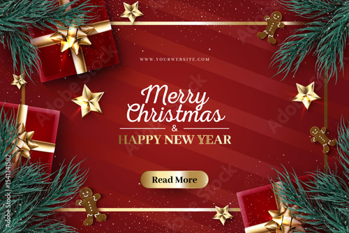 Christmas, New, Year, Holiday, Festive, Red, Background, Gifts, Presents, Gold, ribbon, Golden, Stars, Pine, Branches, Fir, Evergreen, Gingerbread, Man, Men, Cookies, Winter, Celebration, Season, Gree