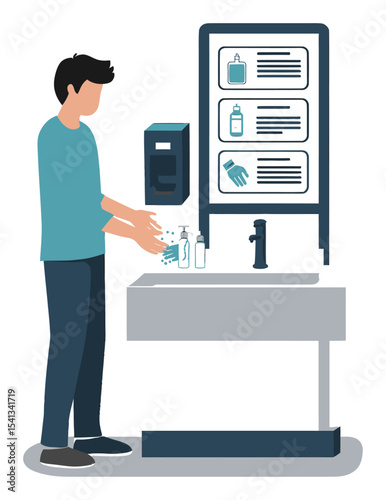 Person Washing Hands at a Hygiene Station in Modern Bathroom Setting