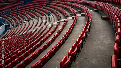 Rows of empty red stadium seats in a curved arrangement, creating a sense of anticipation and vastness in the venue. AI generated.
