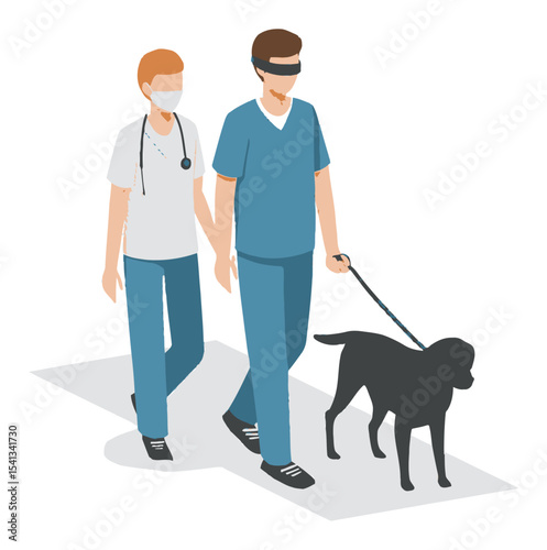 Person Guiding Dog with Support of Individual in Medical Scrubs