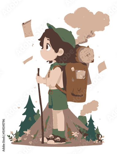 Young Adventurer in Nature with Backpack and Hiking Gear Cartoon Illustration