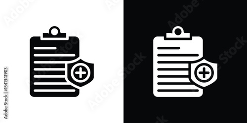 Medical record icon in flat black solid vector set
