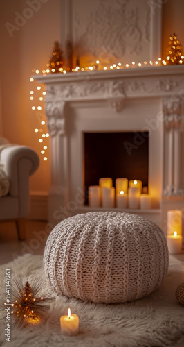 White woven stools placed in front of a cozy fireplace, set against pastel peach-colored walls adorned with warm fairy lights, and surrounded by softly burning candles on the floor,