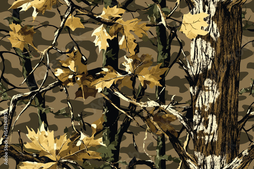 Hunting camouflage with oak tree for hunting and military. Hunting camouflage seamless pattern design. Digital camo. Vector camouflage background. Woodland. Abstract camouflage. Real tree pattern