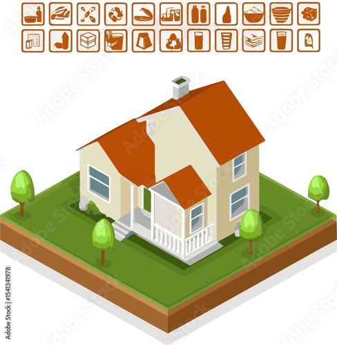 Create a house, home, building, architecture, estate, isometric, 3d, vector, real, residential, construction, roof, vector art with whit