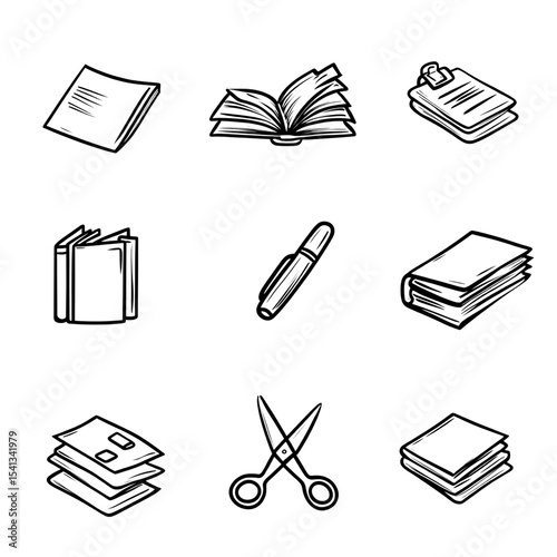 A set of icons for office supplies, such as documents and file folders, in black ink on a white background