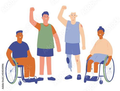 Diverse group of cheerful wheelchair athletes celebrating together and smiling