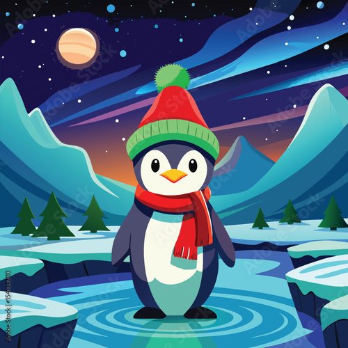 Charming Cartoon Penguin Illustration Standing on a Surface with Simple Background