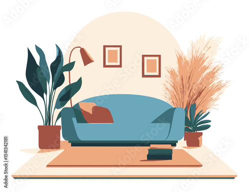 Cozy Cartoon Living Room Illustration with Plants and Soft Couch Design