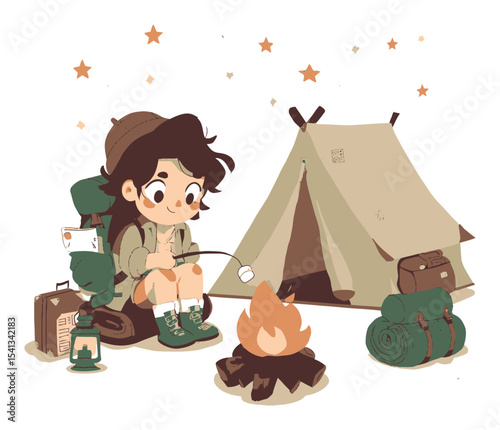 Cartoon Illustration of Child Camping by Campfire in Outdoor Adventure Scene