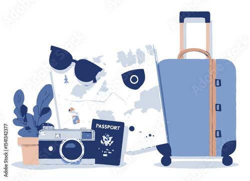 Stylish Vector Cartoon Travel Accessories with Suitcase and Passport