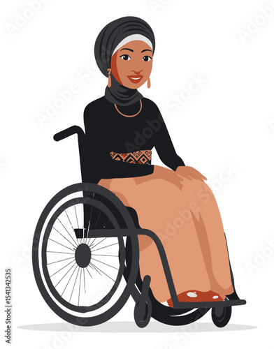 Cartoon Woman in Wheelchair with Traditional Dress and Stylish Headscarf