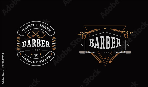 Elegant vintage-style barber shop logos featuring scissors, razors, and clippers in gold and white on a black background. Ideal for upscale grooming brand identity and barbershop branding