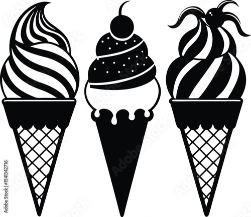 Set of delicious ice cream cones in various flavors and styles