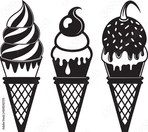 Set of delicious ice cream cones in various flavors and styles