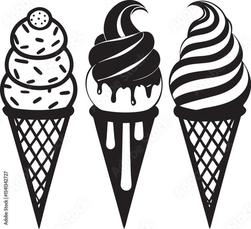Set of delicious ice cream cones in various flavors and styles