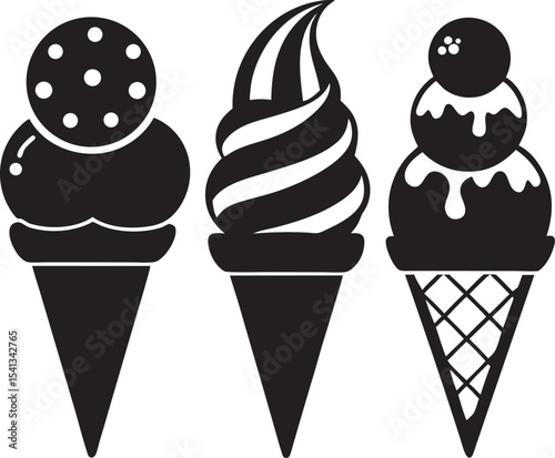 Set of delicious ice cream cones in various flavors and styles