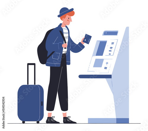 Young Traveler with Backpack Using Kiosk for Check-in at Airport Terminal