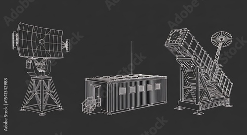 Fototapeta Naklejka Na Ścianę i Meble -  Conceptual 3d render of military equipment and surveillance systems on a dark background.