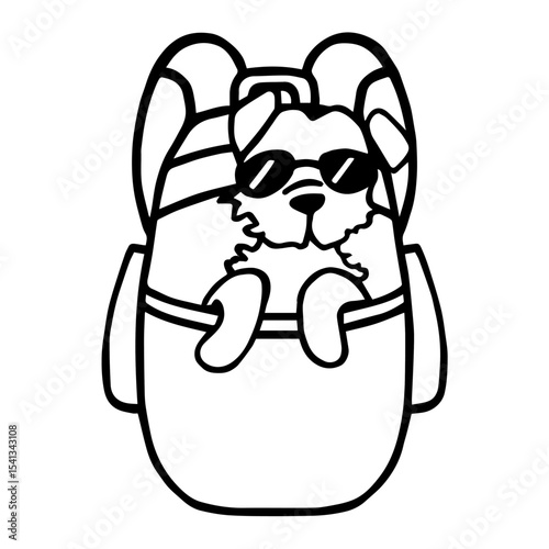 Vector illustration of a dog with glasses in a backpack. Traveling with pets. Основные RGB