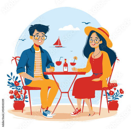 Happy Couple Enjoying Refreshing Drinks by the Beach in Summer Vibes