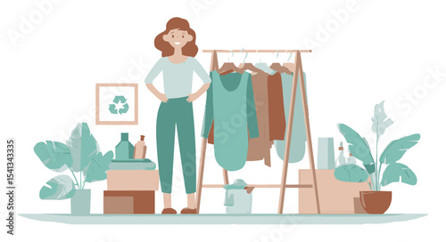 Woman Standing Beside Clothing Rack with Plants in Minimalist Interior Space
