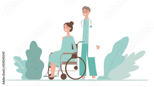 Doctor Assisting Patient in Wheelchair with Serene Background in Vector Style