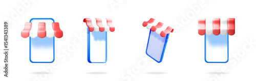 This is a colorful 3d icon set with a mobile phone and various merchant tents on a transparent background for digital online shopping.