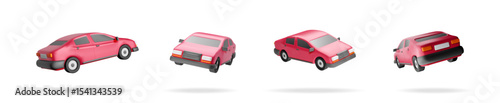 Pink car vehicle set in 3d vector illustration. Automobile transport collection for travel, transportation, and cargo concept.
