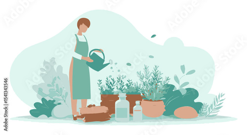 Woman Gardening with Watering Can Surrounded by Plants and Containers