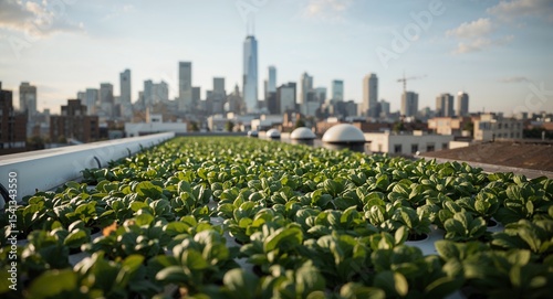 Rooftop garden with rows of green plants and a city skyline in the background on a sunny day
