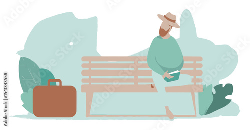 Relaxing Man Sitting on Bench with Bag in Tranquil Outdoor Setting
