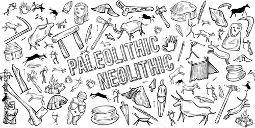 Paleolithic and Neolithic linear doodle illustration. Hand drawn vector clip art. Background banner set.