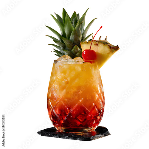 Stylish rum punch cocktail with tropical fruit mix, garnished with pineapple and cherry