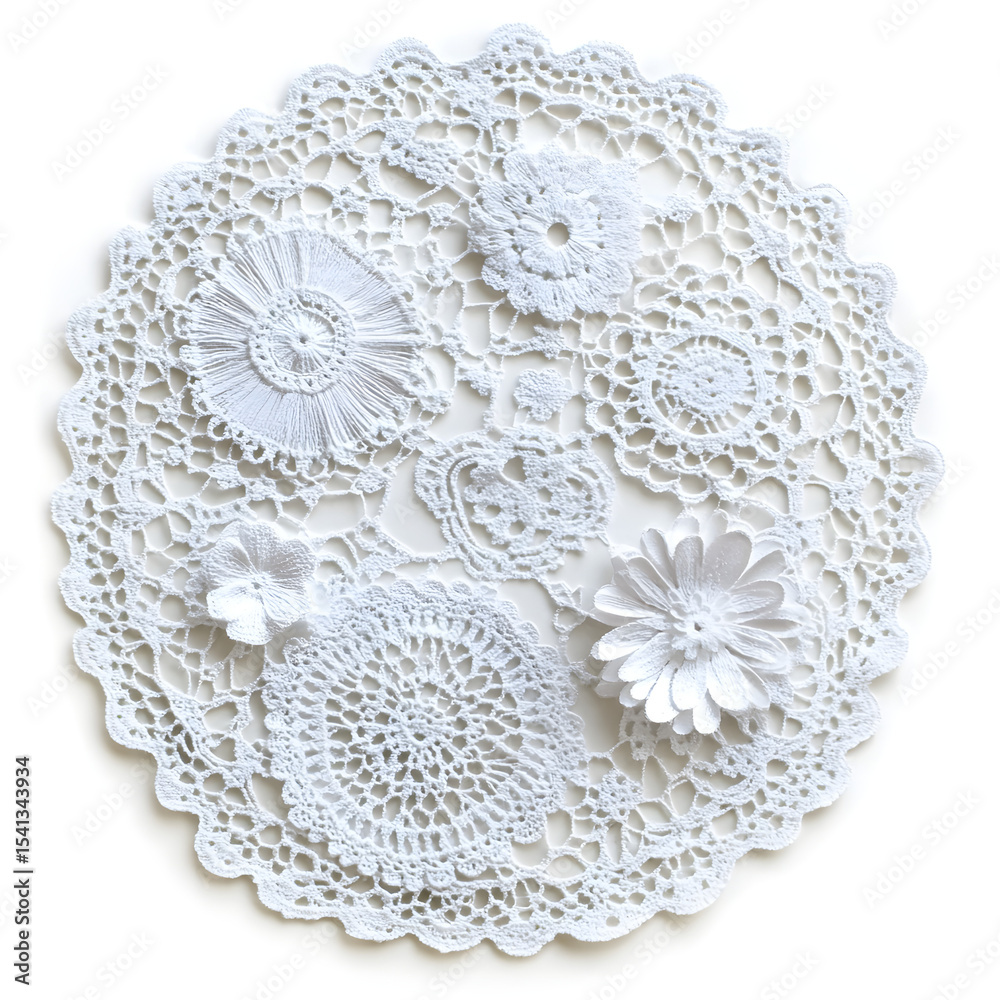 Obraz premium Elegant white lace doilies with flower, round, and heart-shaped motifs, isolated on white background.