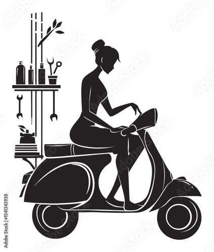 Silhouette of a Woman Riding a Scooter with Artistic Elements in Background