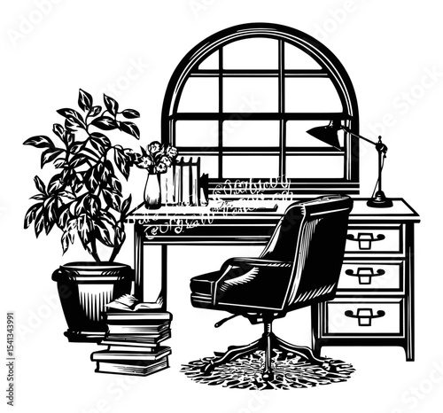 Elegant Hand Drawn Workspace with Chair, Desk, and Window Detail