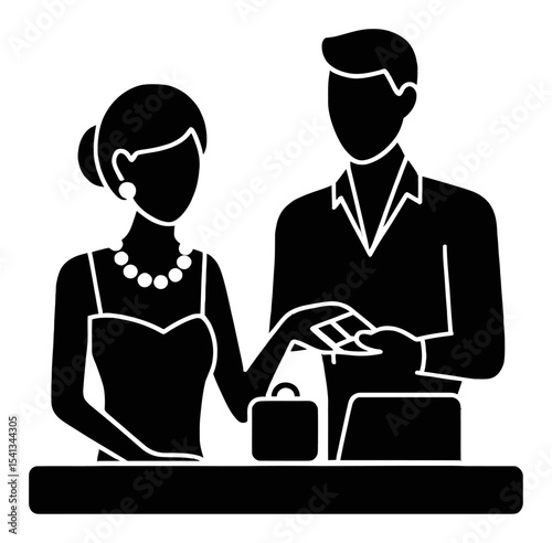 Elegant Woman Receiving Payment from Man in Formal Attire Silhouette Art