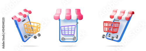 Online store concept with smartphone and shopping cart. Digital marketplace for product sales. Ecommerce transaction and delivery.