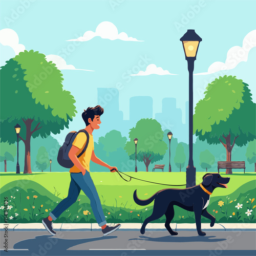 Man walking dog in sunny city park